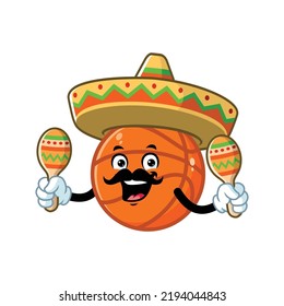 vector cartoon, character, and mascot of a moustache basketball holding maracas.