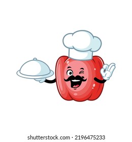 vector cartoon, character, and mascot of a moustache chef red paprika holding tray catering.