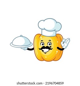 caricatura vectorial, personaje y mascota de un chef bigote de paprika amarilla sosteniendo la bandeja de comida.