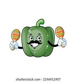 vector cartoon, character, and mascot of a moustache green paprika holding maracas.