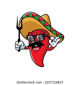 vector cartoon, character, and mascot of a moustache mexican chili holding grill fork.