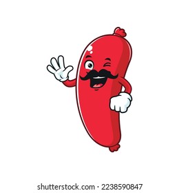vector cartoon, character, and mascot of a moustache sausage with wave hand.