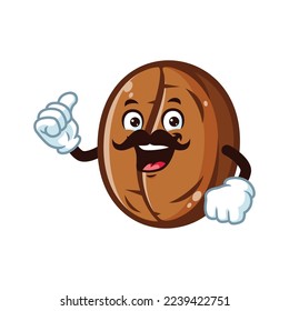 vector cartoon, character, and mascot of a moustache coffee bean with thumbs up hand.