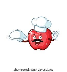 dibujos animados vectoriales, personajes y mascota de un bigote de un chef de Apple que sostiene la bandeja de comida.