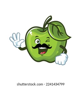 vector cartoon, character, and mascot of a moustache Green Apple with wave hand.