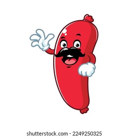 vector cartoon, character, and mascot of a moustache sausage with wave hand.