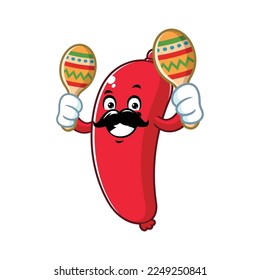 caricatura vectorial, personaje y mascota de una salchicha de bigote sosteniendo maracas.