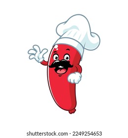 dibujos animados vectoriales, personajes y mascota de una salchicha de un chef bigote con mano ondulada.
