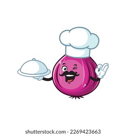 vector cartoon, character, and mascot of a moustache red onion chef holding tray catering.