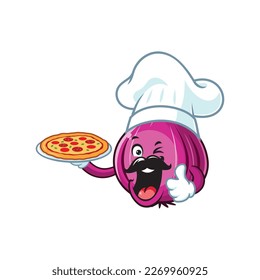 vector cartoon, character, and mascot of a moustache red onion chef holding pizza.