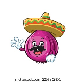 vector cartoon, character, and mascot of a moustache red onion wearing sombrero hat.