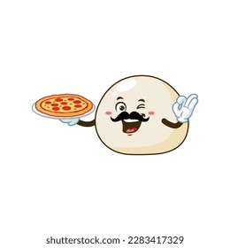 vector cartoon, character, and mascot of a moustache mochi holding pizza.