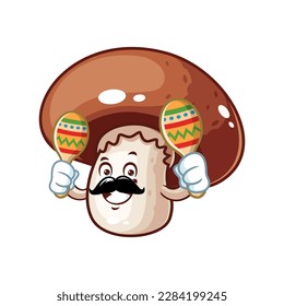vector cartoon, character, and mascot of a moustache brown champignon mushroom holding maracas.