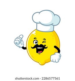 vector cartoon, character, and mascot of a moustache chef lemon with thumbs up hand.