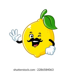 vector cartoon, character, and mascot of a moustache lemon with wave hand.