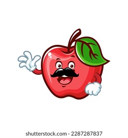 vector cartoon, character, and mascot of a moustache Apple with wave hand.