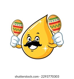 vector cartoon, character, and mascot of a moustache cooking oil drop holding maracas.