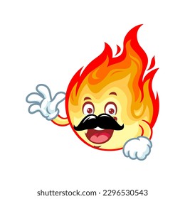 vector cartoon, character, and mascot of a moustache flame with wave hand.