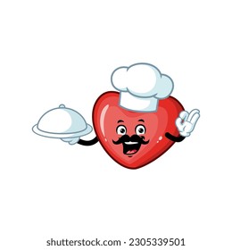 vector cartoon, character, and mascot of a moustache chef love holding tray catering.