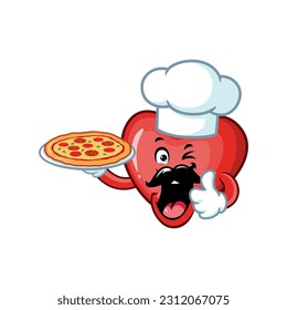 vector cartoon, character, and mascot of a moustache love chef holding pizza.