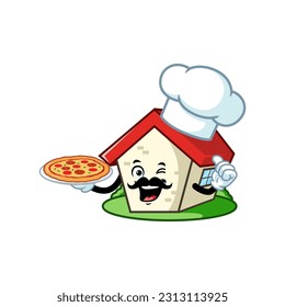 vector cartoon, character, and mascot of a moustache house chef holding pizza.