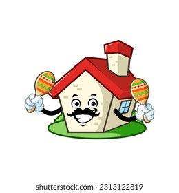 vector cartoon, character, and mascot of a moustache house holding maracas.