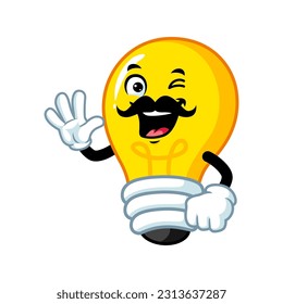 vector cartoon, character, and mascot of a moustache light bulb with wave hand.