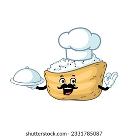vector cartoon, character, and mascot of a moustache chef inari sushi holding tray catering.