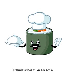 vector cartoon, character, and mascot of a moustache chef norimaki sushi holding tray catering.