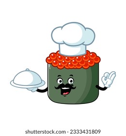 vector cartoon, character, and mascot of a moustache chef ikura sushi holding tray catering.