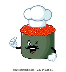 vector cartoon, character, and mascot of a moustache chef ikura sushi with thumbs up hand.