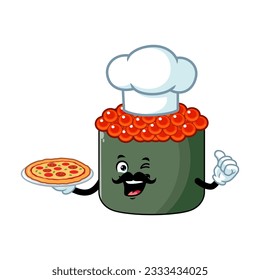 vector cartoon, character, and mascot of a moustache chef ikura sushi holding pizza.