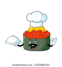 vector cartoon, character, and mascot of a moustache chef tobiko quail egg sushi holding tray catering.