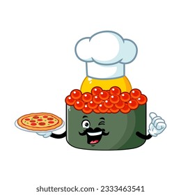 vector cartoon, character, and mascot of a moustache chef tobiko quail egg sushi holding pizza.