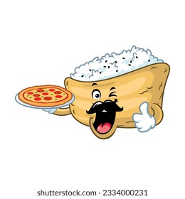 vector cartoon, character, and mascot of a moustache inari sushi holding pizza.