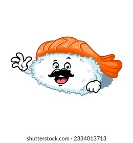 vector cartoon, character, and mascot of a moustache ebi nigiri sushi with wave hand.