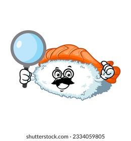 vector cartoon, character, and mascot of a moustache ebi nigiri sushi holding loupe.
