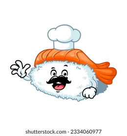 vector cartoon, character, and mascot of a moustache chef ebi nigiri sushi with wave hand.