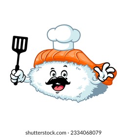 vector cartoon, character, and mascot of a moustache chef ebi nigiri sushi holding spatula.