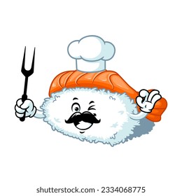 vector cartoon, character, and mascot of a moustache chef ebi nigiri sushi holding grilled fork.