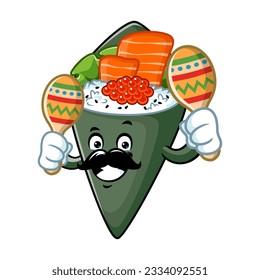 vector cartoon, character, and mascot of a moustache temaki sushi holding maracas.