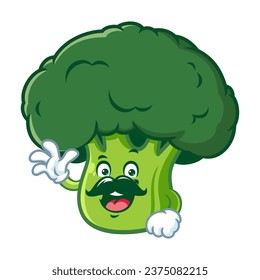 vector cartoon, character, and mascot of a moustache broccoli with wave hand.