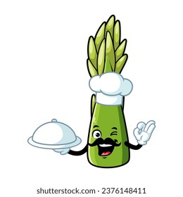 vector cartoon, character, and mascot of a moustache asparagus holding tray catering.