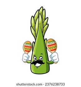 vector cartoon, character, and mascot of a moustache asparagus holding maracas.