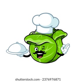 vector cartoon, character, and mascot of a moustache cabbage holding tray catering.