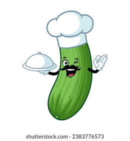 vector cartoon, character, and mascot of a moustache chef cucumber holding tray catering.