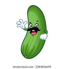 vector cartoon, character, and mascot of a moustache cucumber with wave hand.