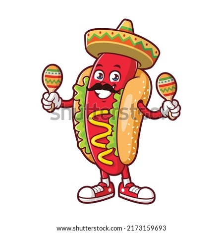 vector cartoon, character, and mascot of a moustache hotdog holding maracas.