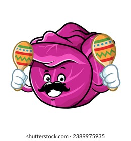 vector cartoon, character, and mascot of a moustachioed red cabbage holding maracas.