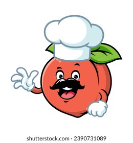 vector cartoon, character, and mascot of a moustachioed peach chef with wave hand.